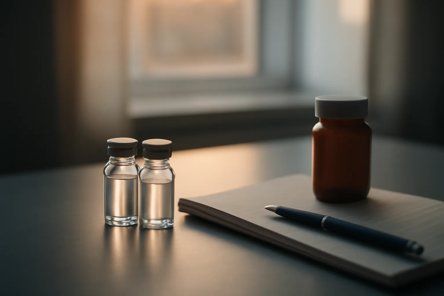 Vials and a pill bottle on a desk representing epitalon vs metformin research comparison