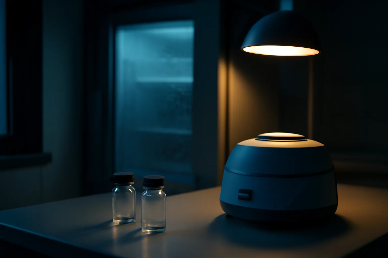 Two unlabeled vials on a lab bench representing an epitalon vs NAD+ comparison