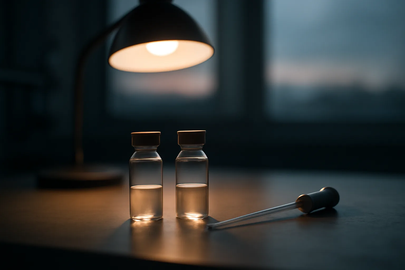Two unlabeled glass vials on a lab bench representing epitalon and telomerase activator research