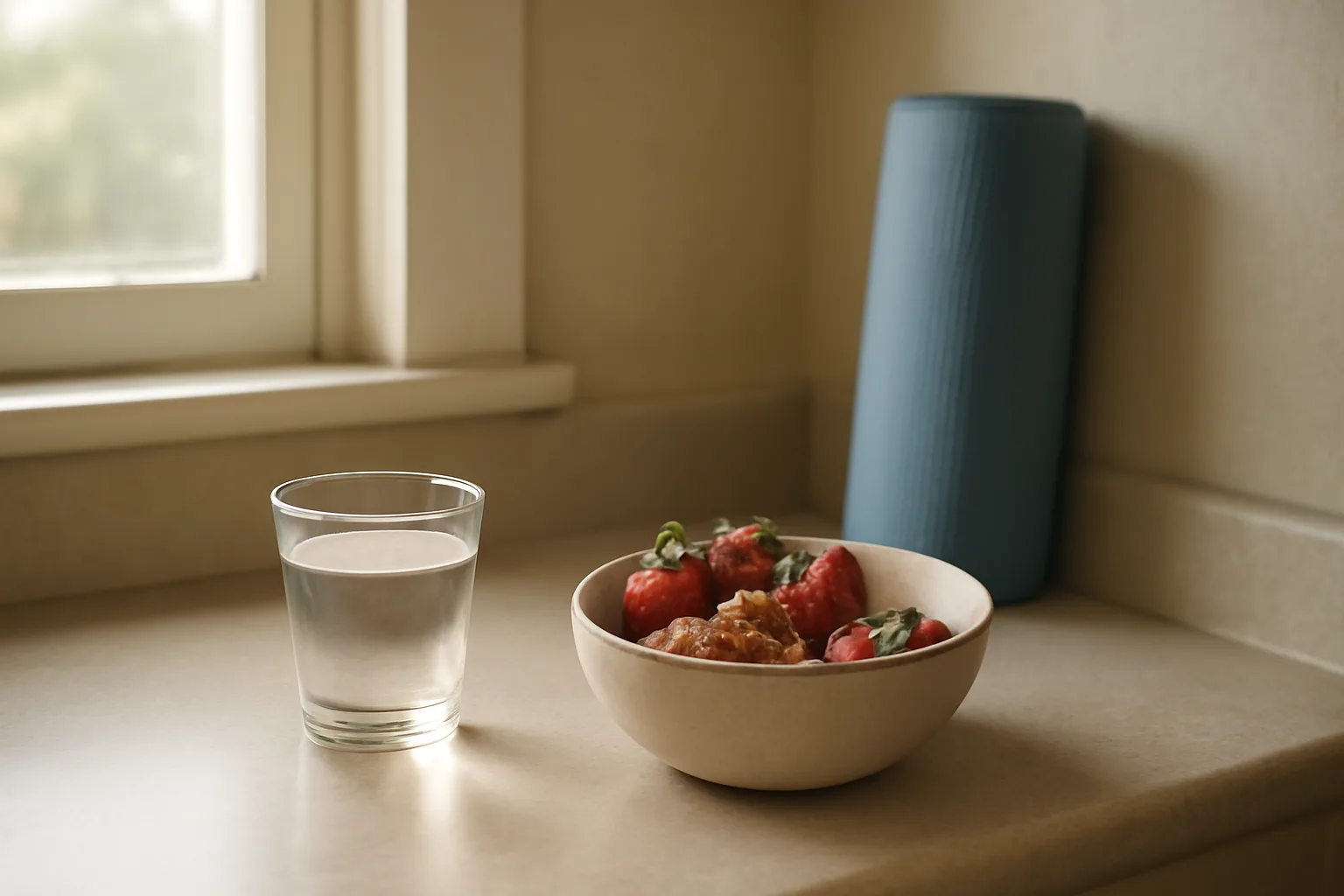 Kitchen counter with whole foods and a yoga mat suggesting natural alternatives to epitalon