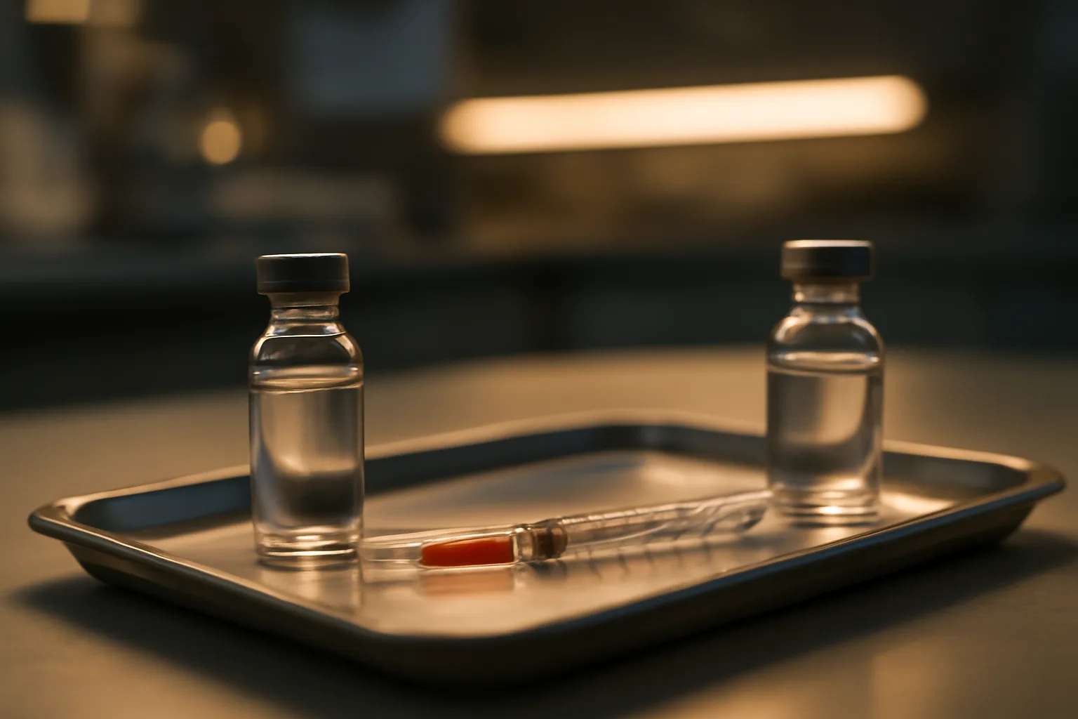 Vial and insulin syringe on a lab tray, used for epitalon dosage calculator context