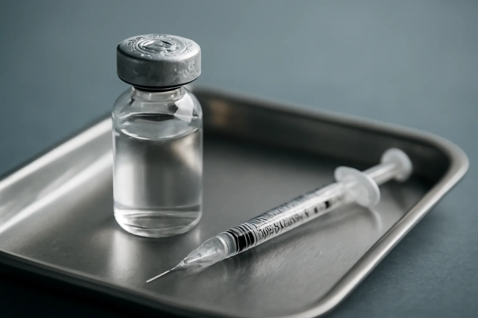 Vial and syringe on a steel tray, representing epitalon dosage preparation