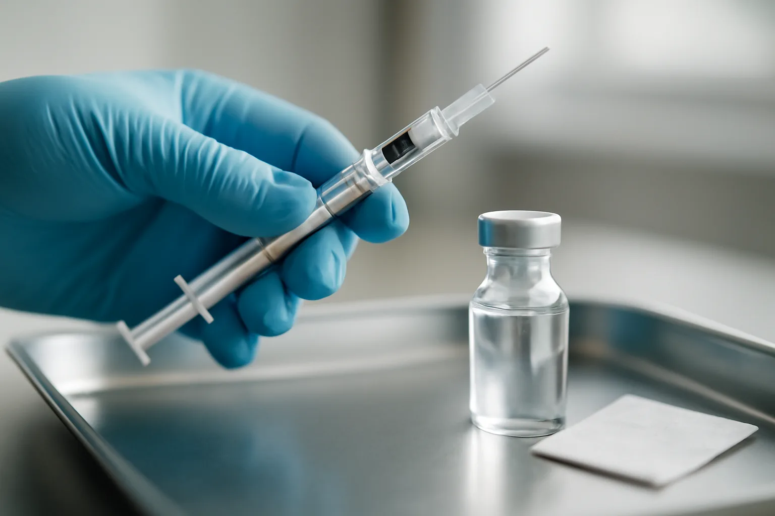 Insulin syringe and glass vial on a tray, illustrating how to inject Epitalon at home
