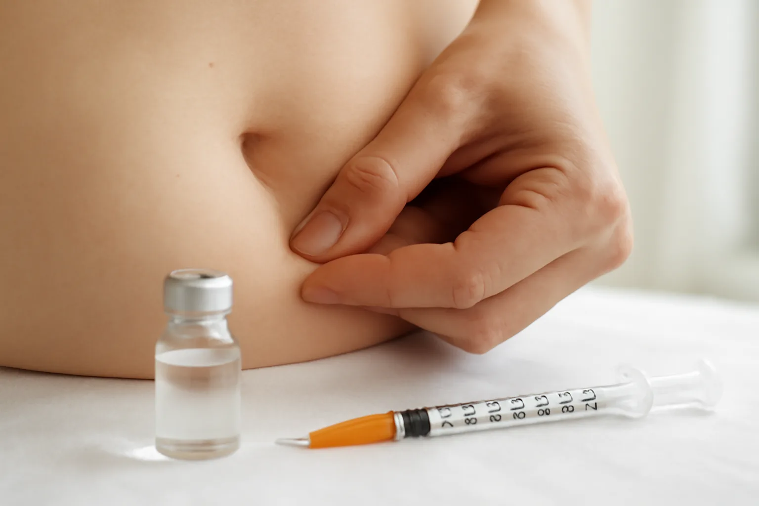 Hand pinching skin above an insulin syringe, demonstrating a common epitalon injection site