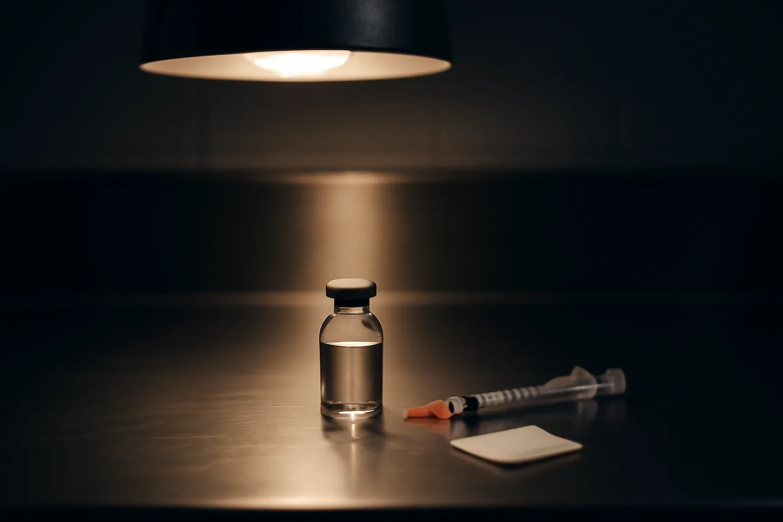 Vial and syringe on a steel bench, representing epitalon peptide injection preparation