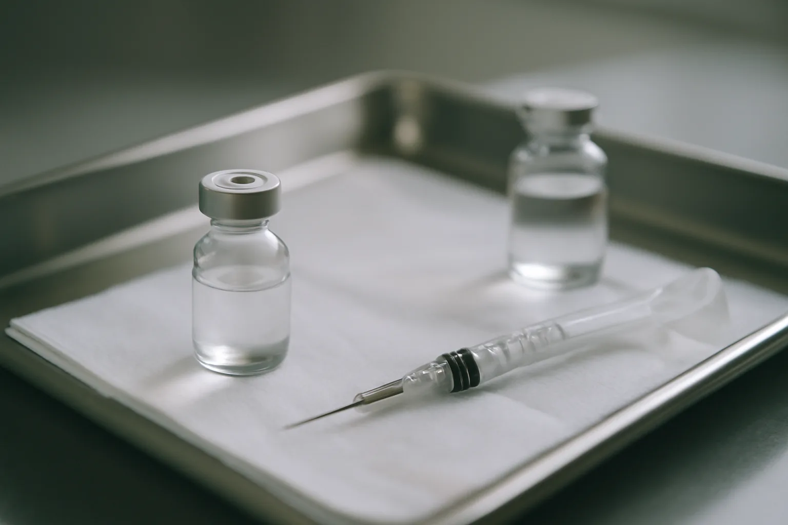Glass vial, syringe, and alcohol swab arranged for reconstituting epitalon peptide