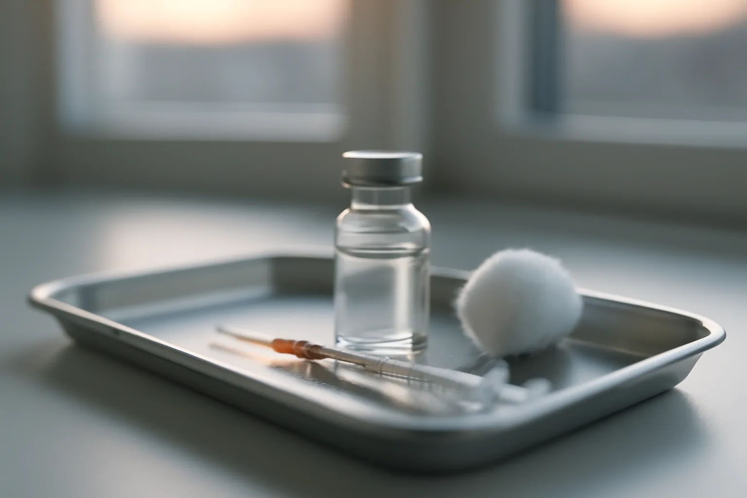 Vial and insulin syringe on a steel tray, illustrating how to take epitalon peptide
