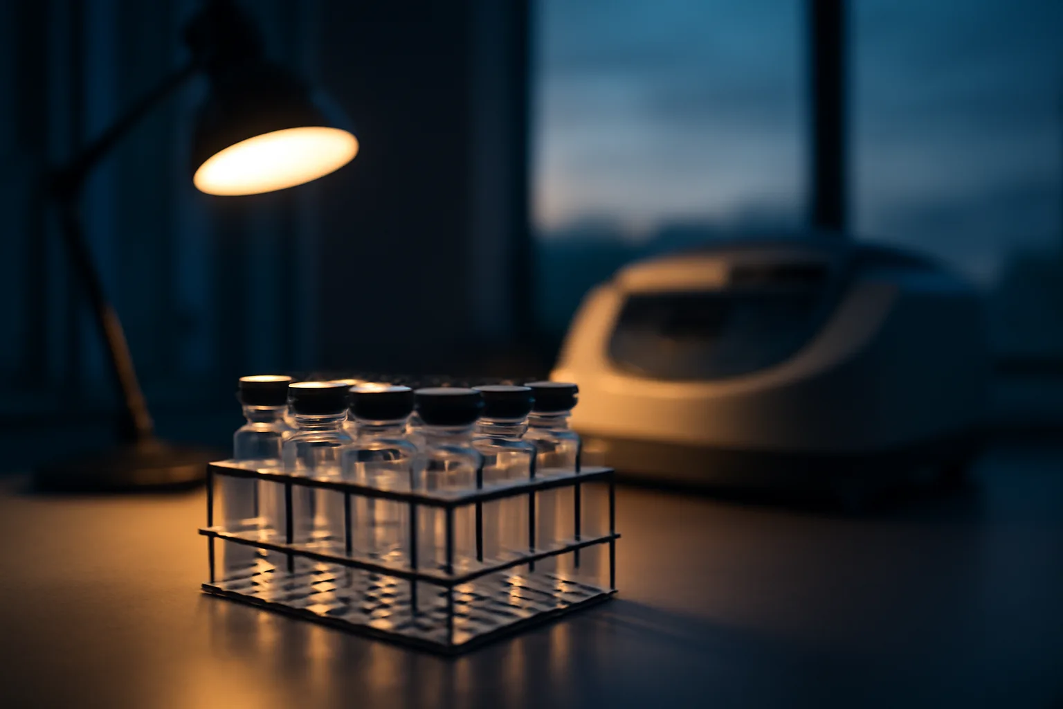 Lab bench with glass vials representing research into epitalon alternatives and longevity peptides