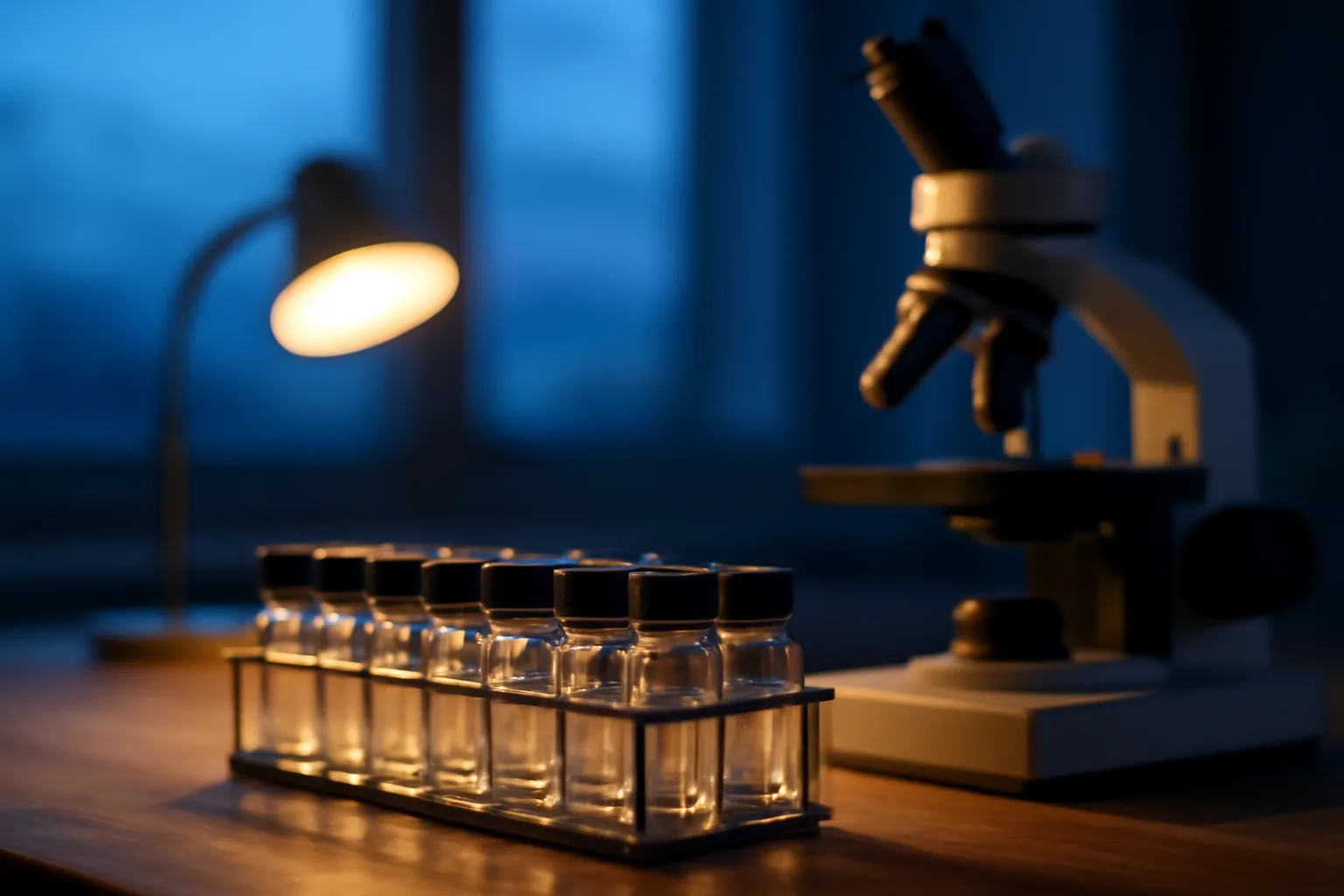 Lab bench with vials and microscope representing epitalon animal and human research evidence