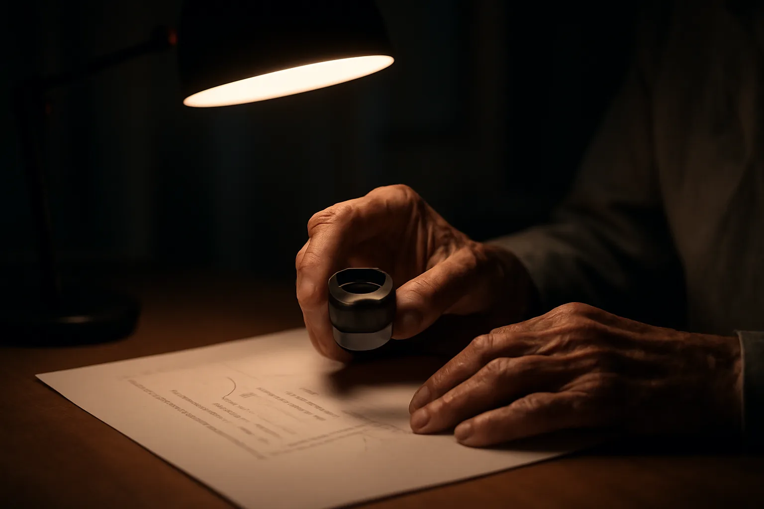 Researcher examining a printed data chart under lamp light, evaluating epitalon before and after claims