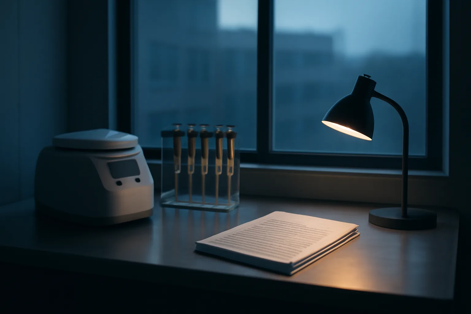Empty research lab bench with journal papers, representing the limited epitalon clinical trials evidence base