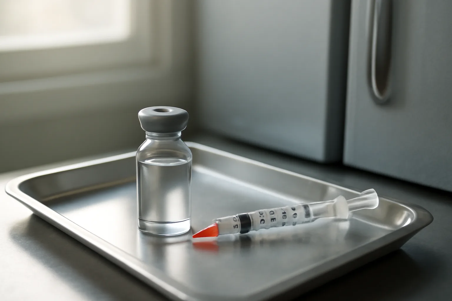 Vial and syringe on a clinic tray illustrating epitalon cost per month