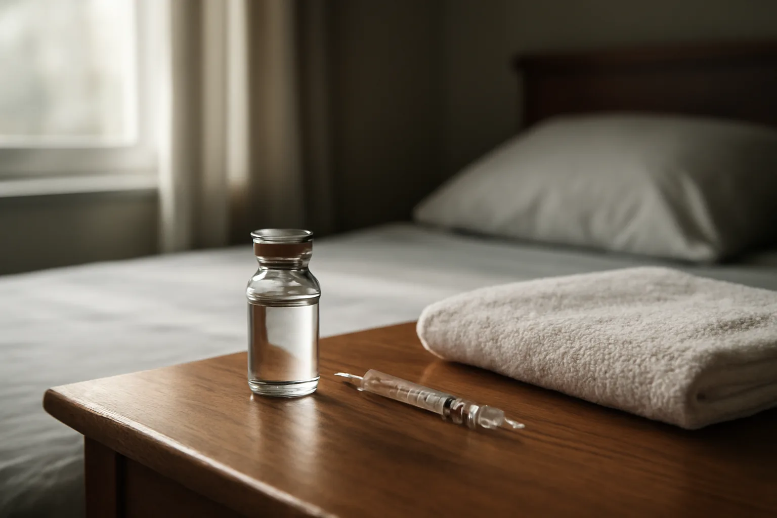 Vial and syringe on a nightstand in morning light, epitalon first month routine