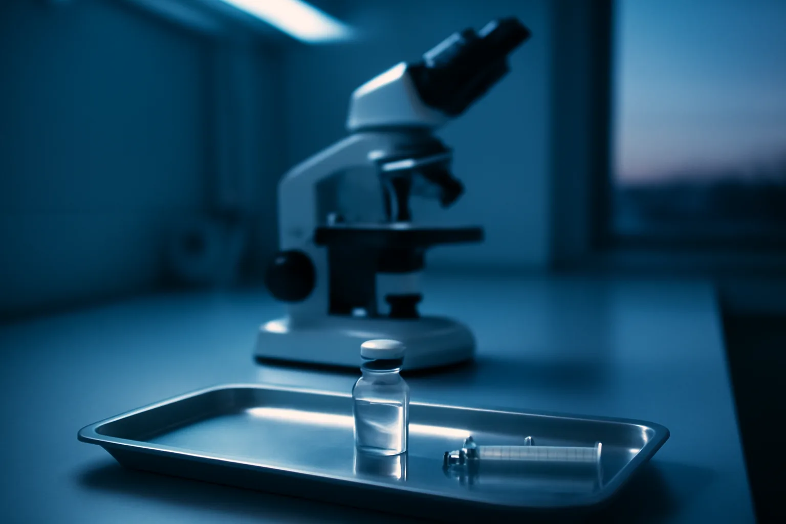 Glass vial and syringe on a lab tray representing epitalon peptide research