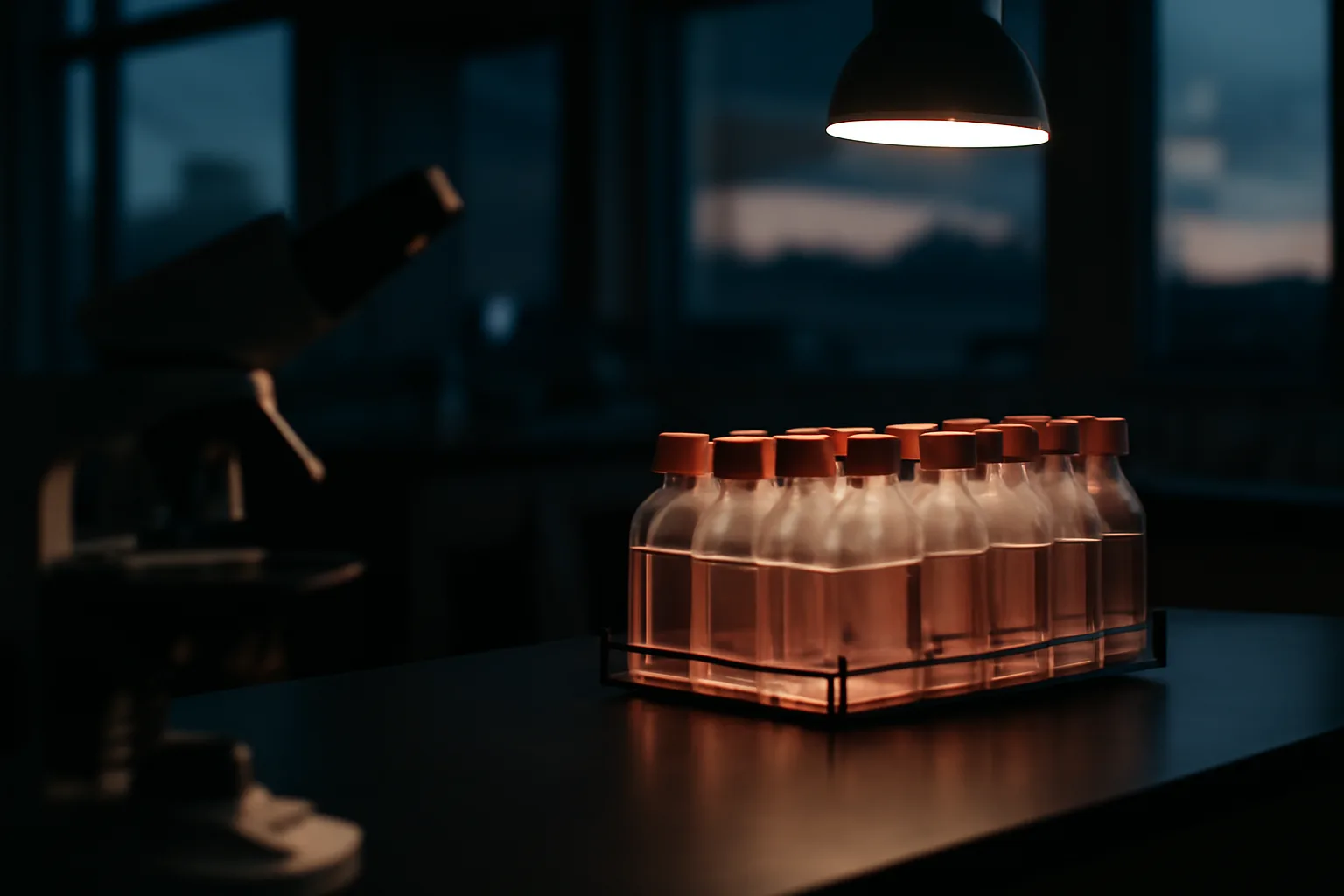 Empty research lab with cell culture flasks, evoking the limited state of Epitalon human studies