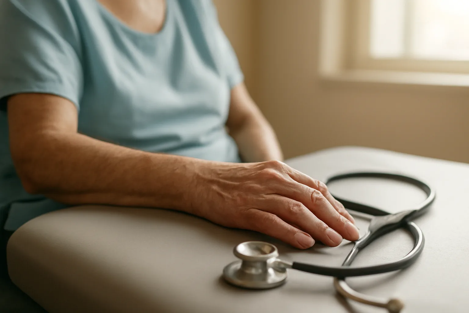 Older adult's arm on exam table during a clinical consultation about epitalon