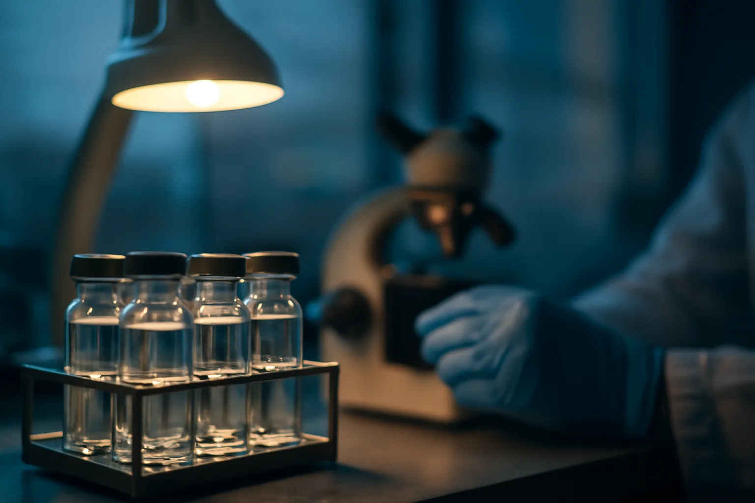 Lab vials and microscope representing research into epitalon in women
