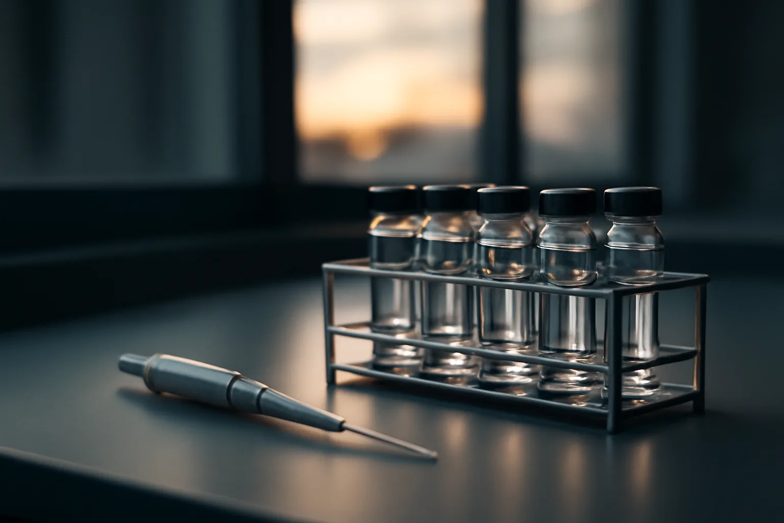 Glass vials in a lab rack representing epitalon research without any visible branding