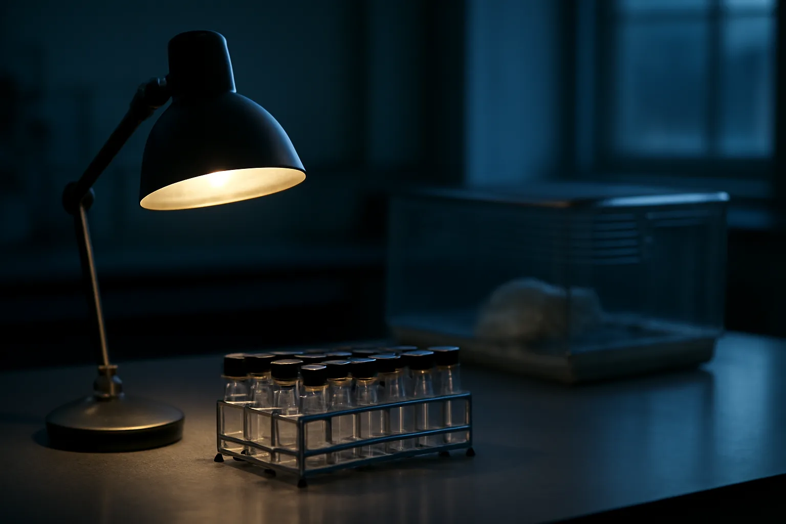 Lab bench with vials and a mouse cage, evoking the epitalon research timeline