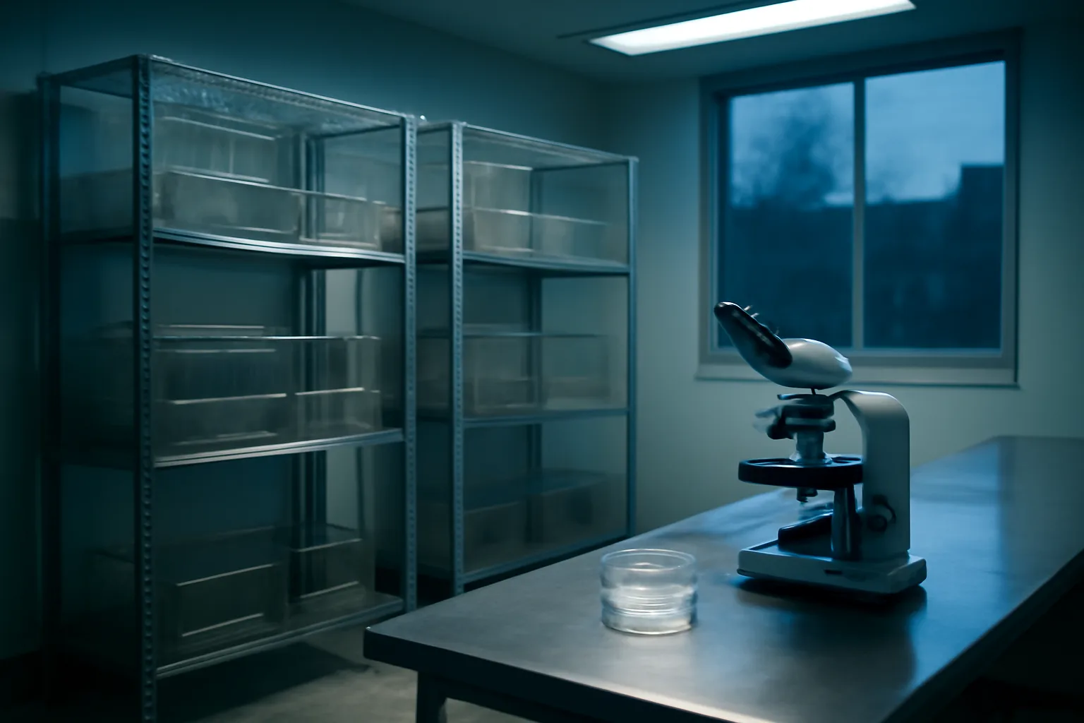 Empty research lab bench with microscope, evoking Epitalon animal and cell study evidence