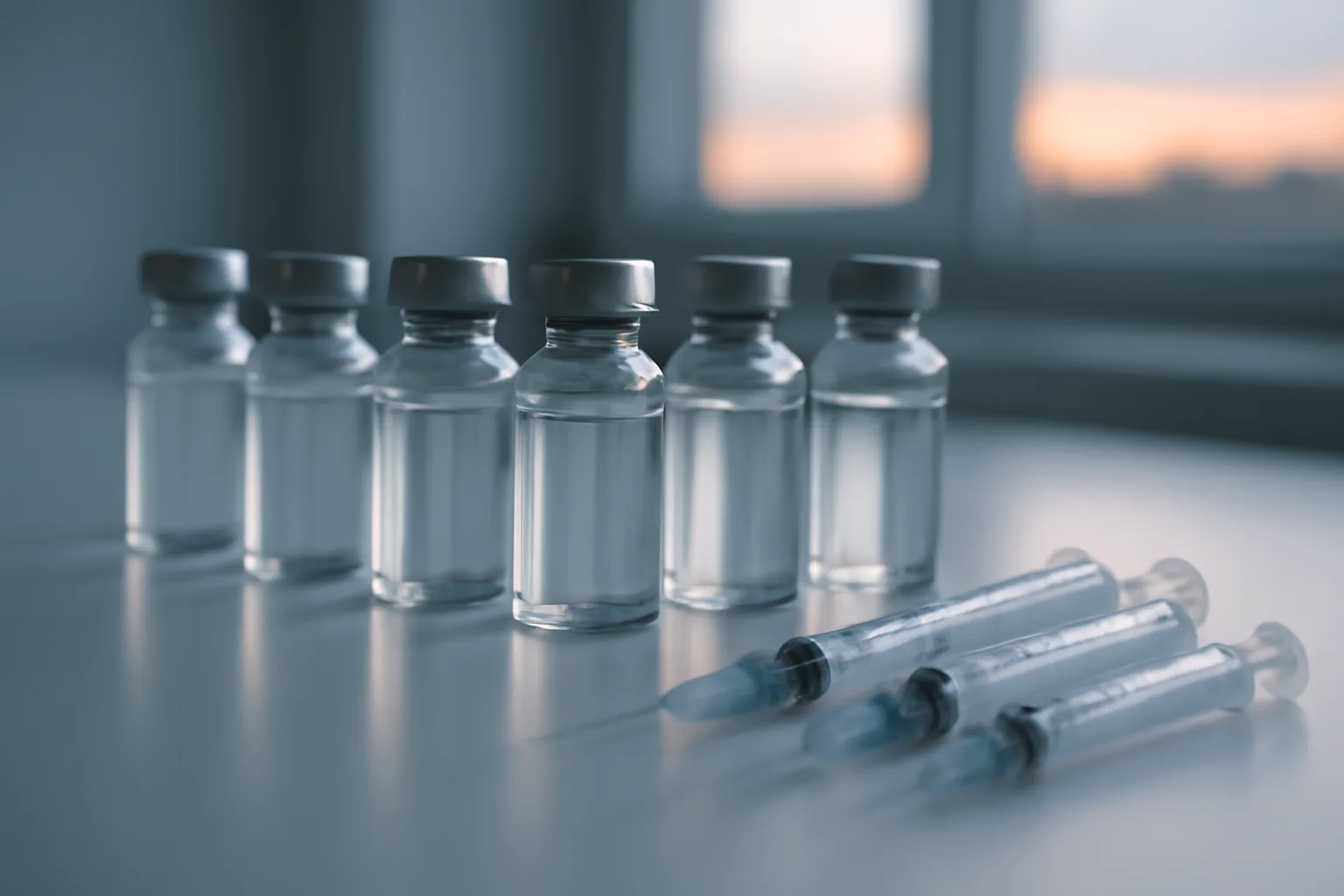 Row of unlabeled peptide vials and syringes on a clinical counter