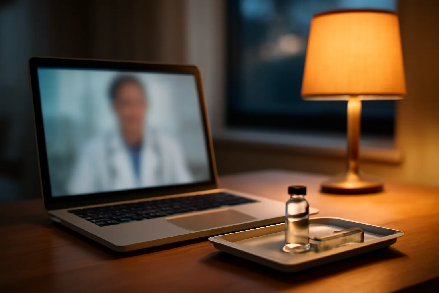 Laptop video consultation beside a vial and syringe on a home desk
