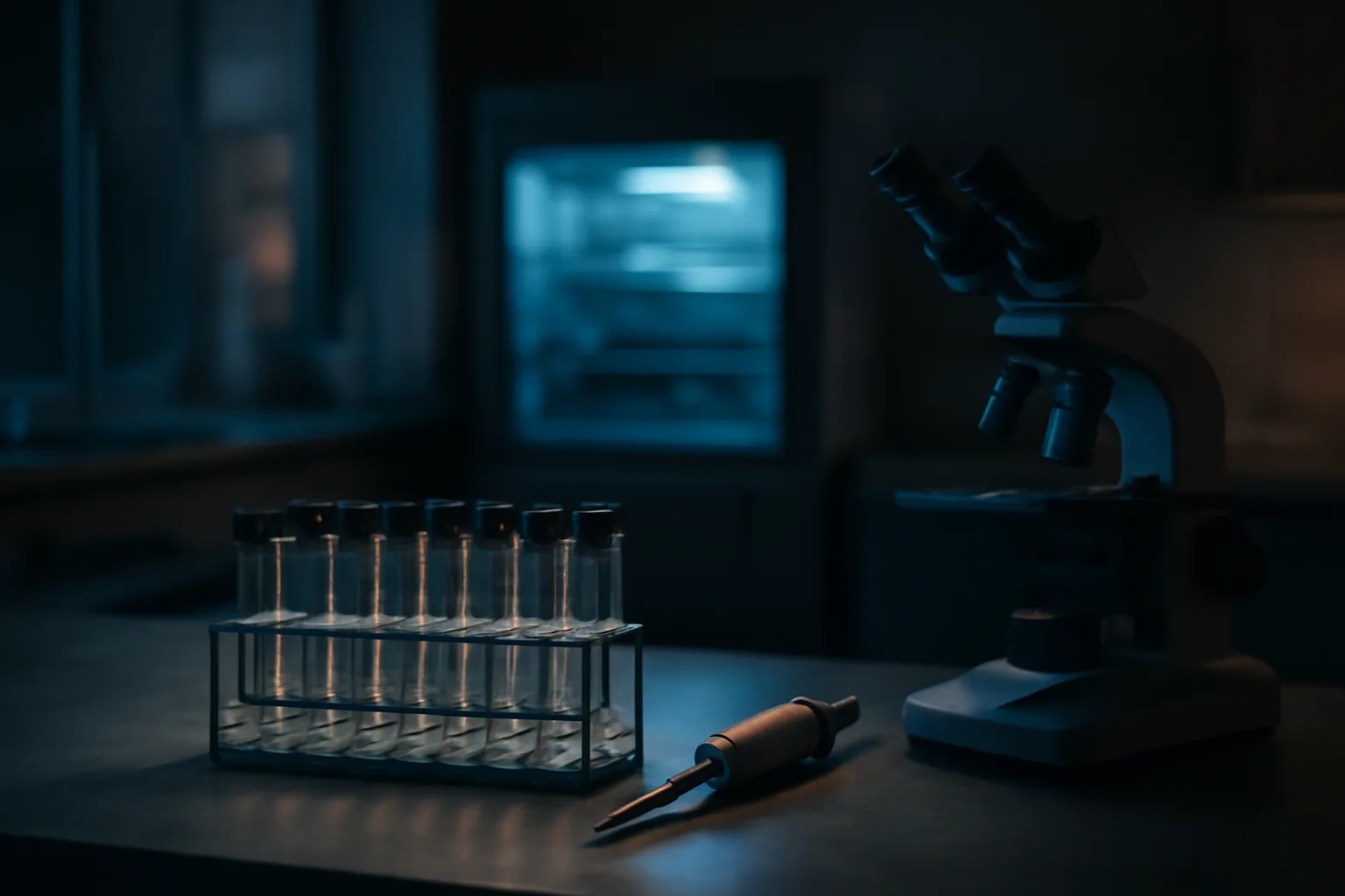 Laboratory bench with vials and microscope representing epithalon peptide research