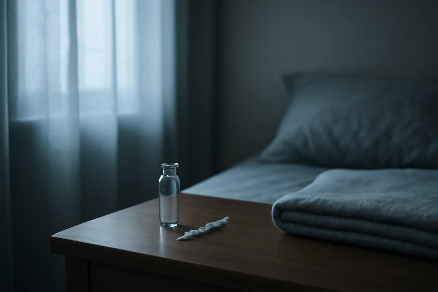 Vial and syringe on a nightstand in early morning light, evoking epitalon's onset timeline