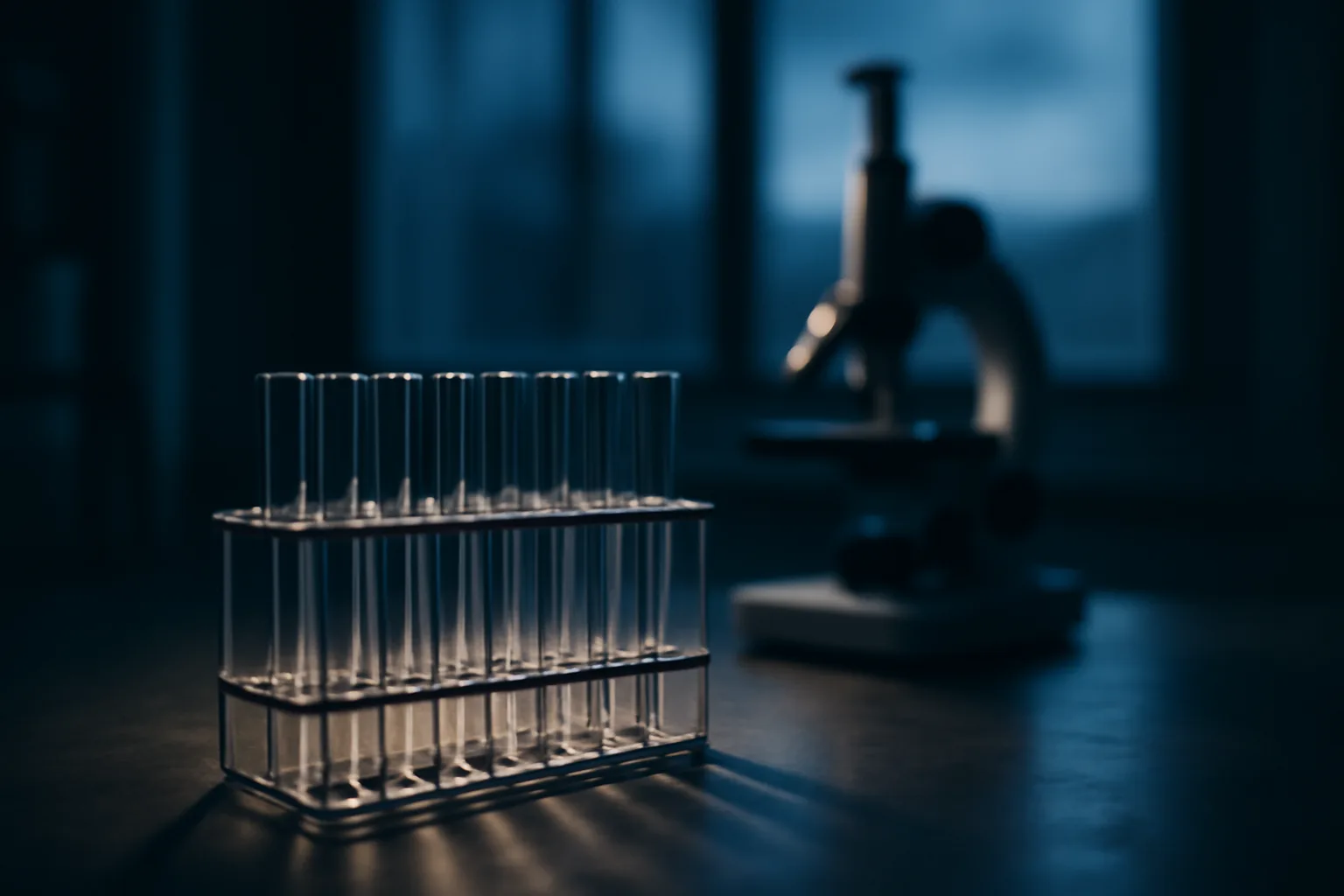 Glass vials on a lab bench under dusk light, evoking epitalon research uncertainty