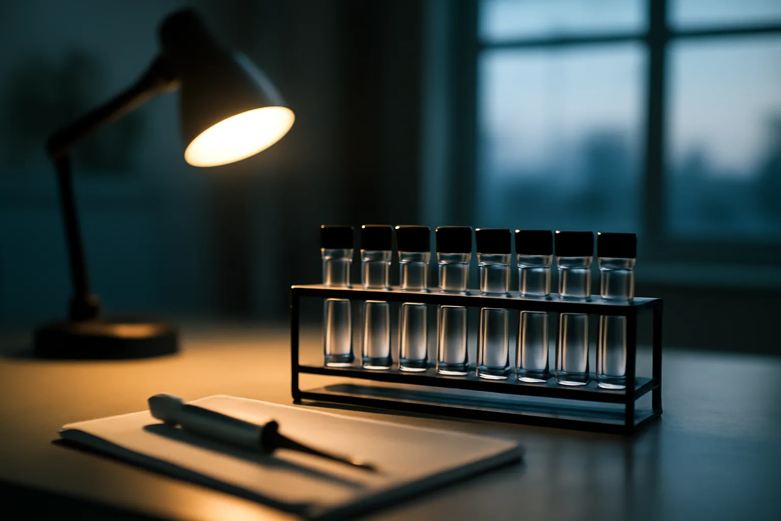 Lab bench with glass vials and pipette, evoking Epitalon peptide research setting