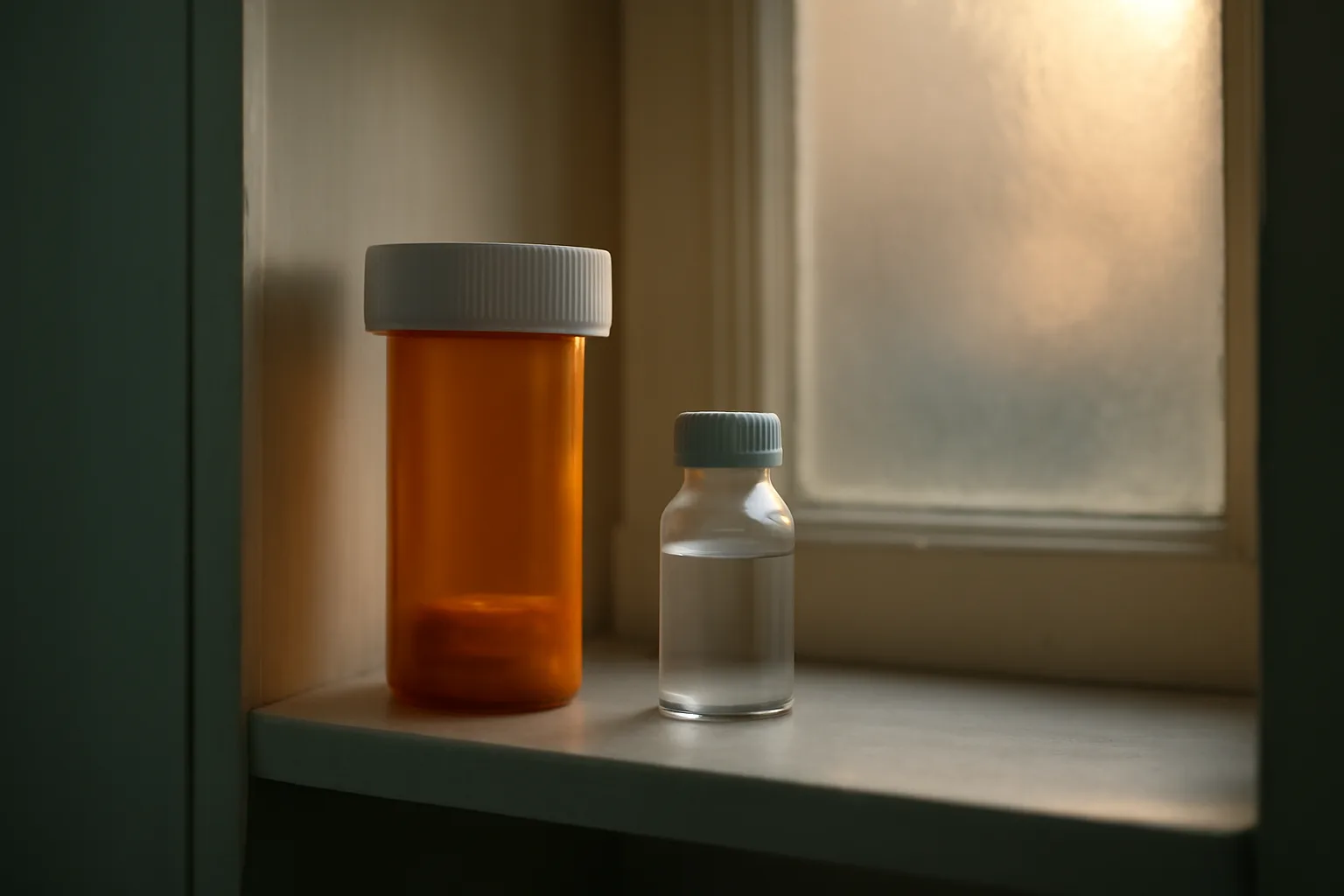 Prescription vial and peptide vial side by side on a shelf representing epitalon and antidepressants