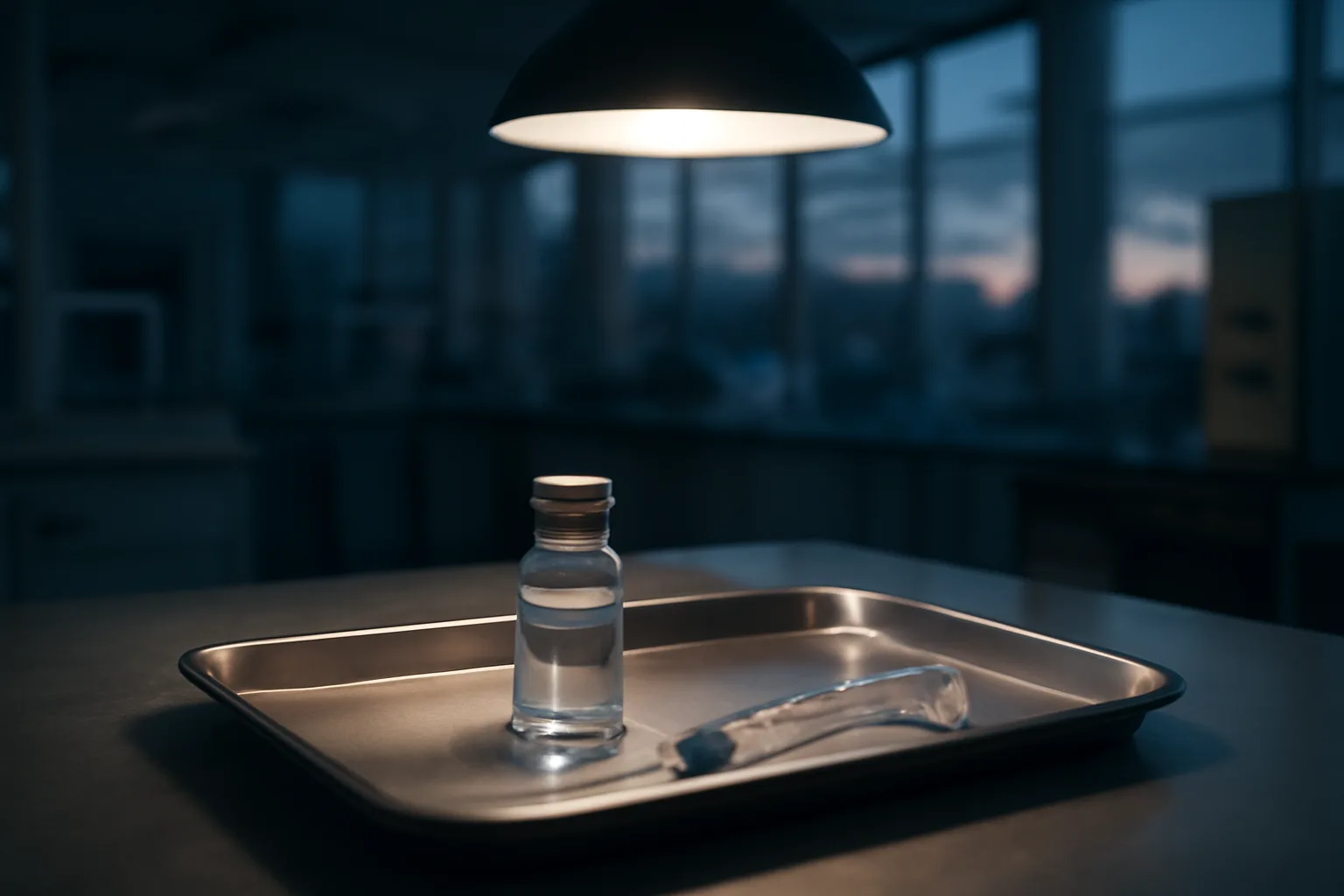 Vial and syringe on a steel tray representing epitalon long term side effects research