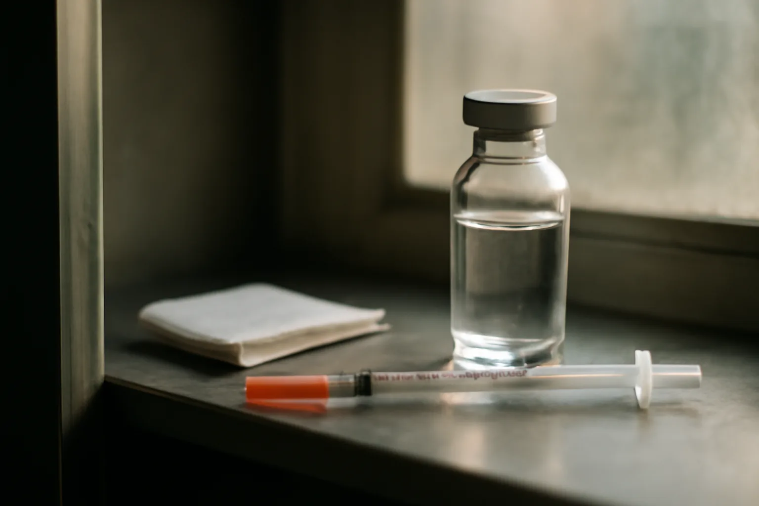 Glass peptide vial and syringe on a shelf, evoking epitalon overdose and toxicity questions