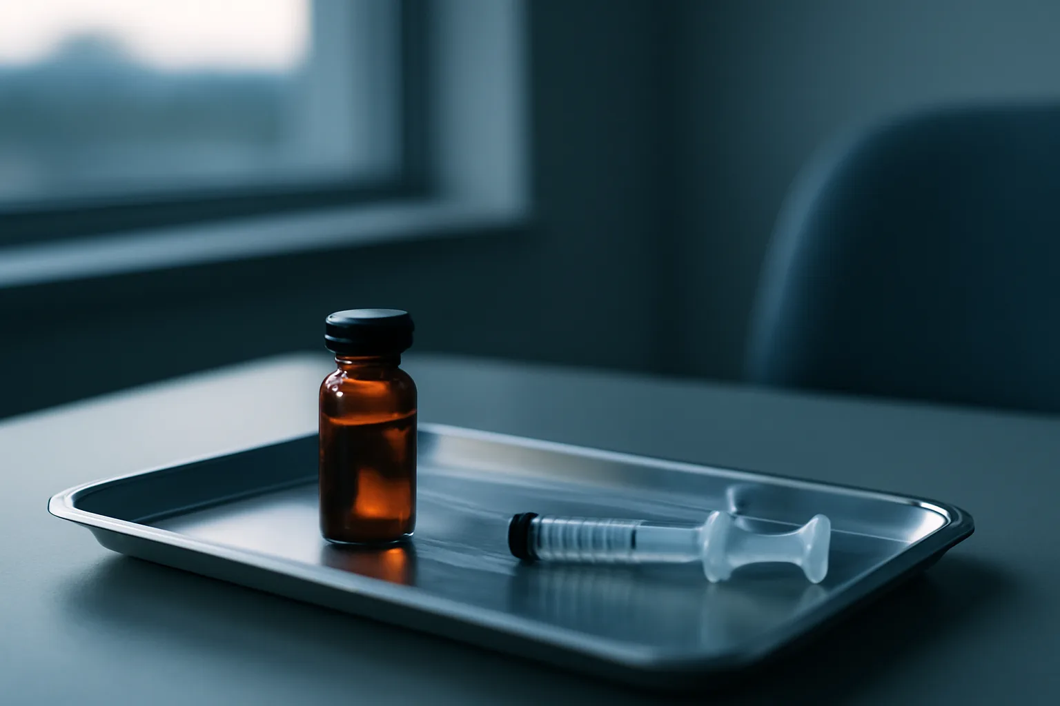Amber vial and syringe on a steel tray, evoking the epitalon rebound effect question