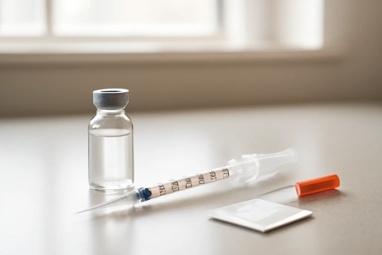 Vial and syringe on a clinical counter representing epitalon peptide side effects research