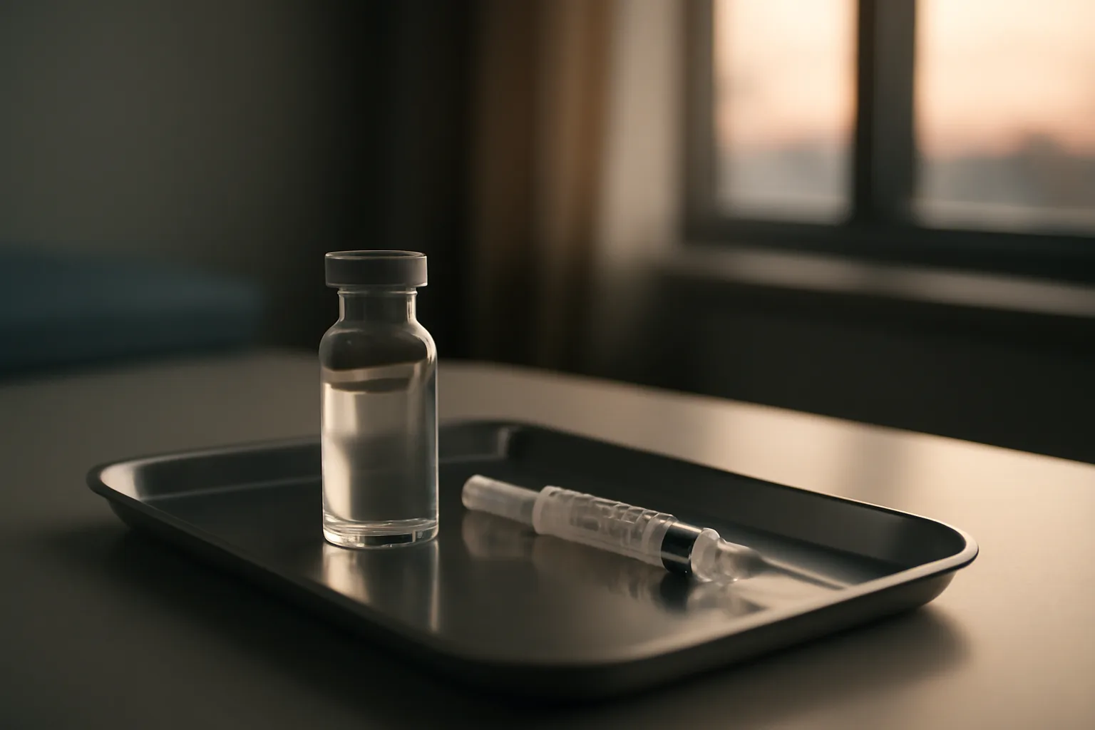 Empty vial and syringe on steel tray representing epitalon withdrawal and stopping a course