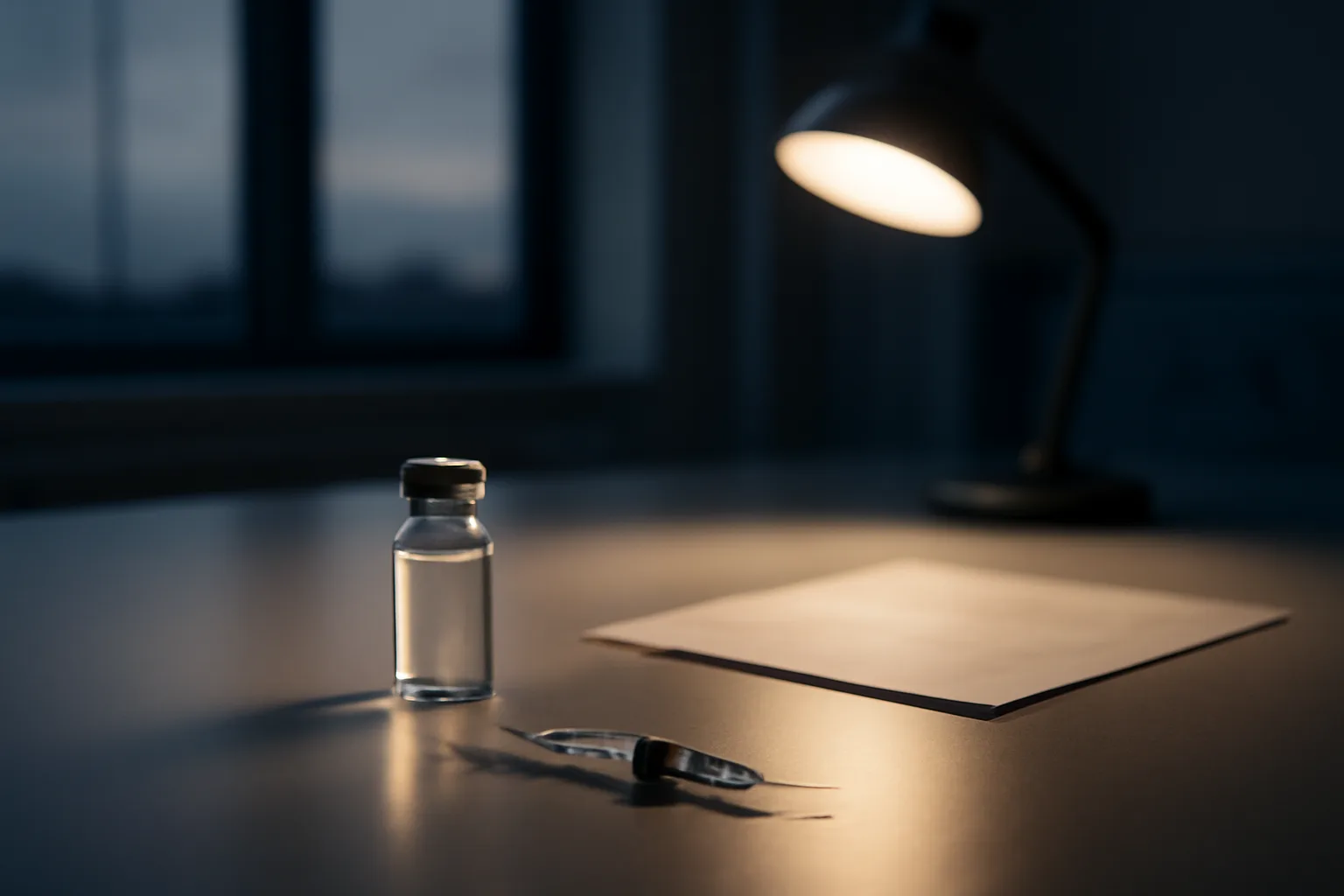 Vial and syringe on a lab bench beside a testing document, representing buying epitalon peptide