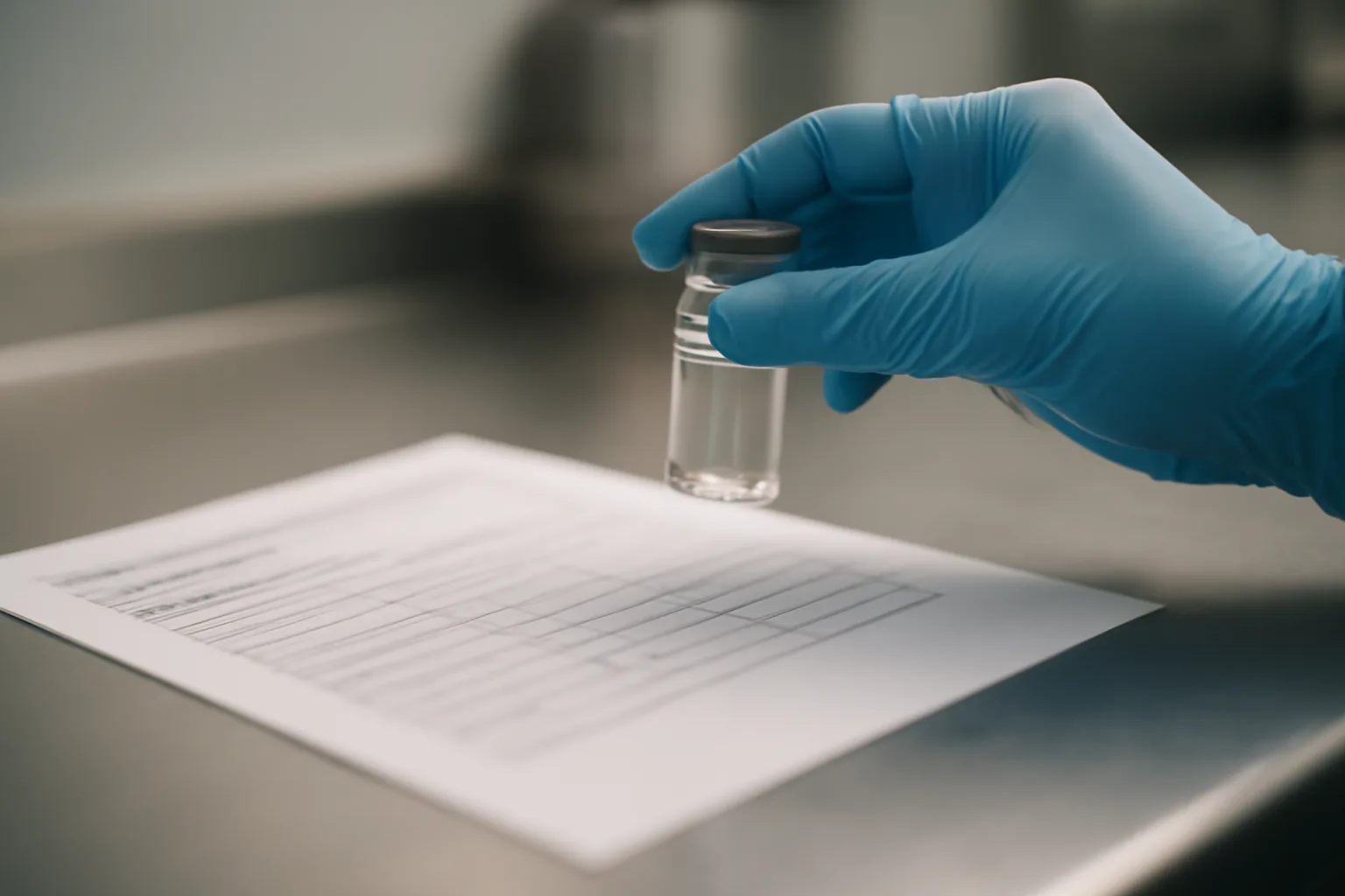 Gloved hand holding a peptide vial beside a lab certificate of analysis document
