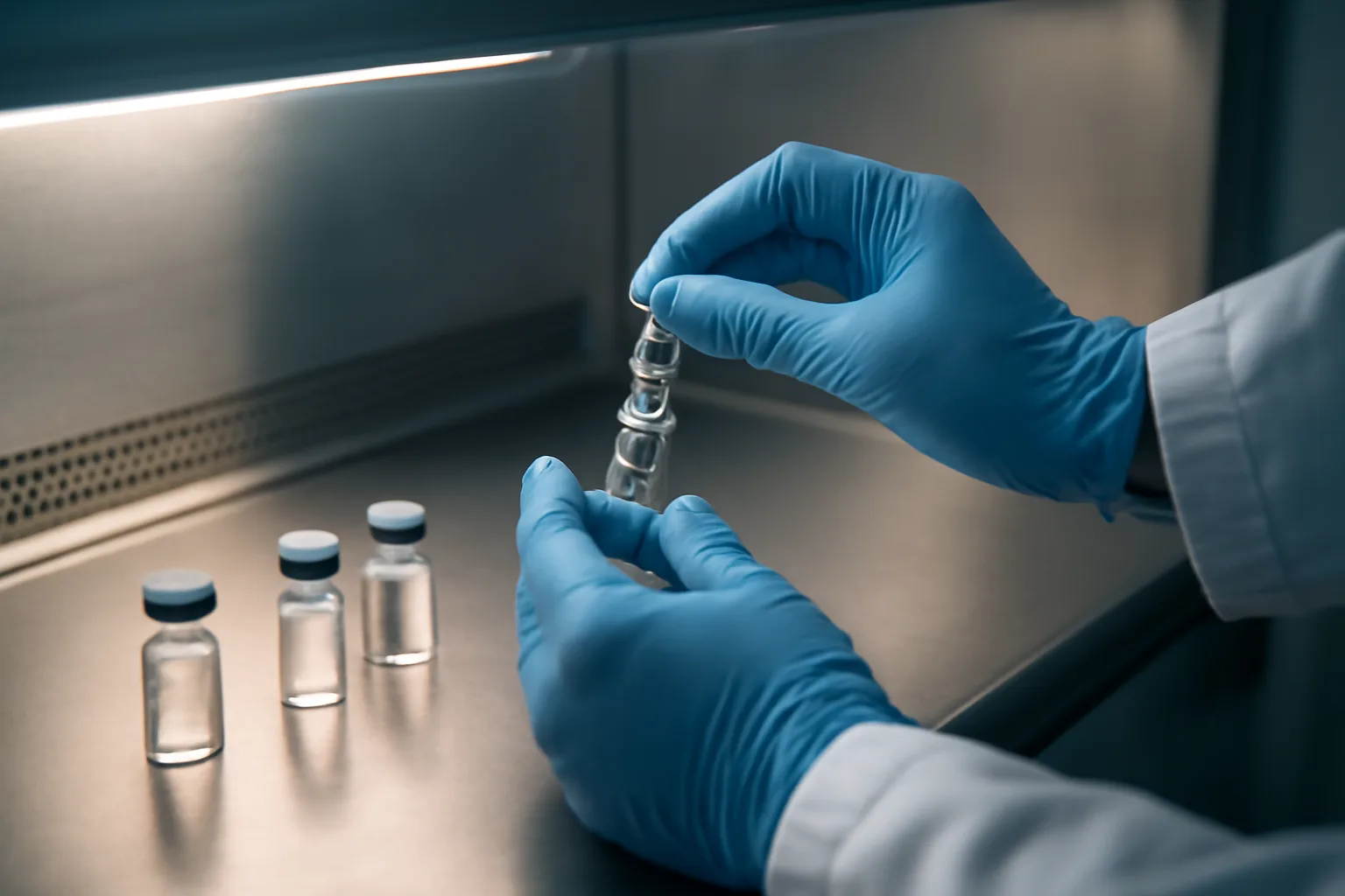 Pharmacist preparing a compounded peptide vial under a sterile laminar flow hood
