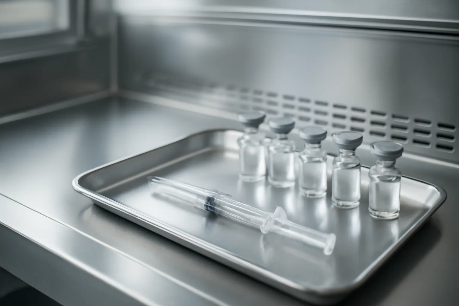 Sterile compounding hood with glass vials, contrasting pharmacy versus research-grade sourcing