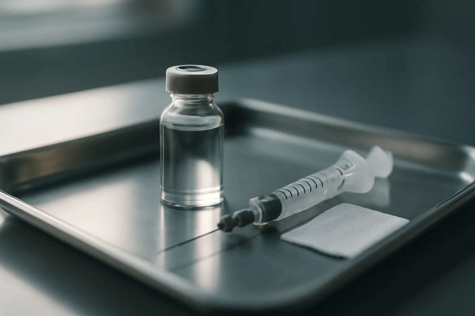 Glass peptide vial and syringe on a steel tray illustrating Epitalon cost and pricing