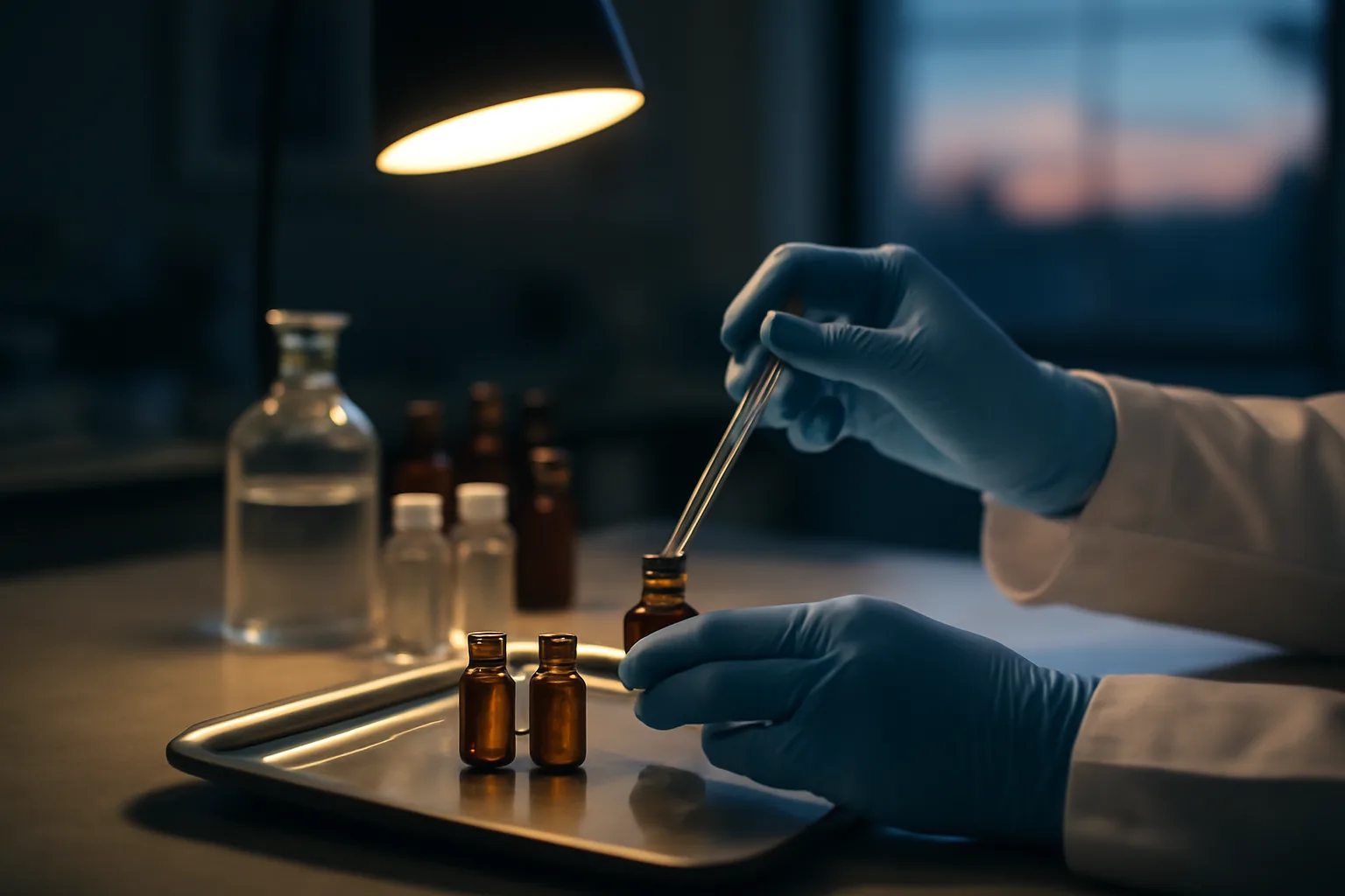 Pharmacist compounding a peptide vial under lamp light, illustrating epitalon prescription requirements