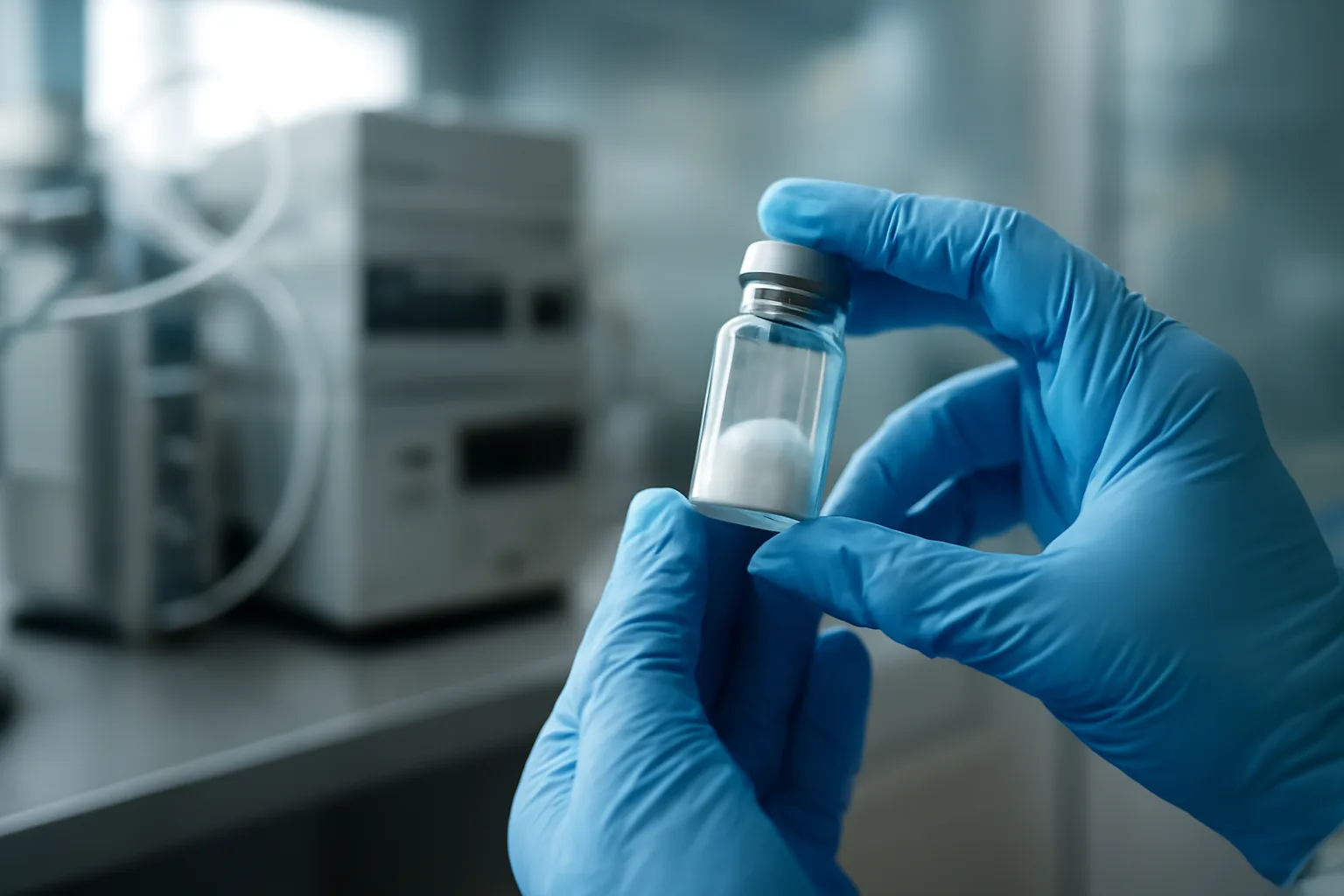 Gloved hands examining a vial of peptide powder in a lab testing setting
