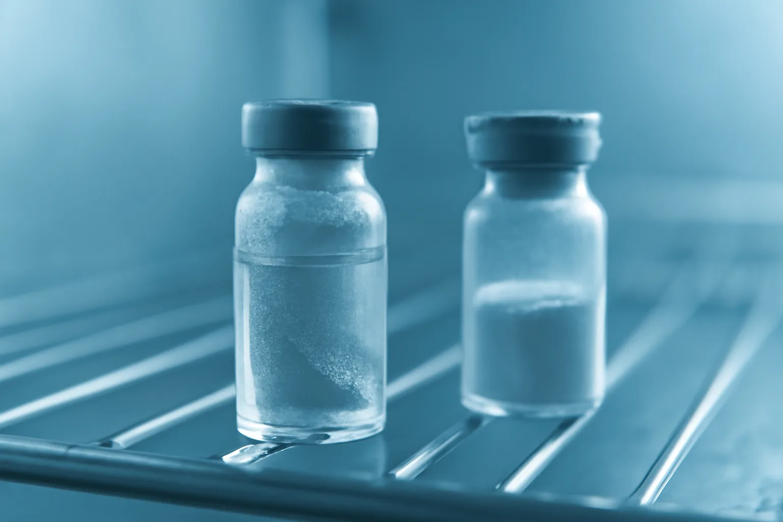 Glass vials of peptide powder and reconstituted liquid stored on a refrigerator shelf