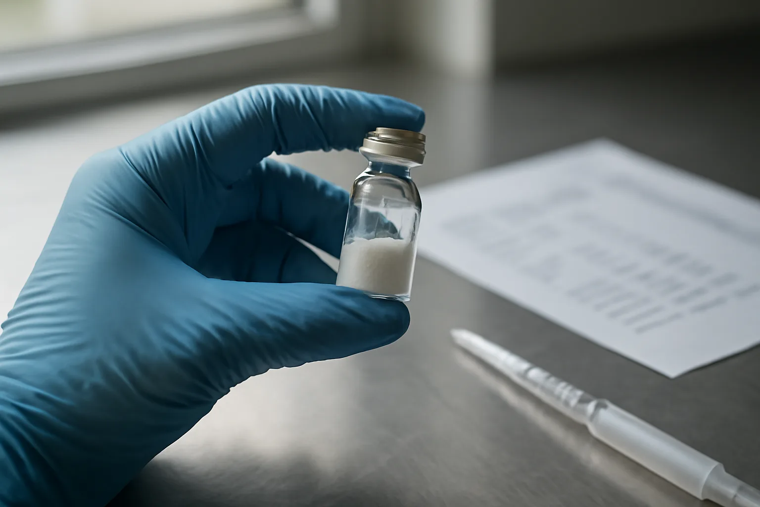 Gloved hand inspecting a lyophilized peptide vial beside a lab test report on a steel bench